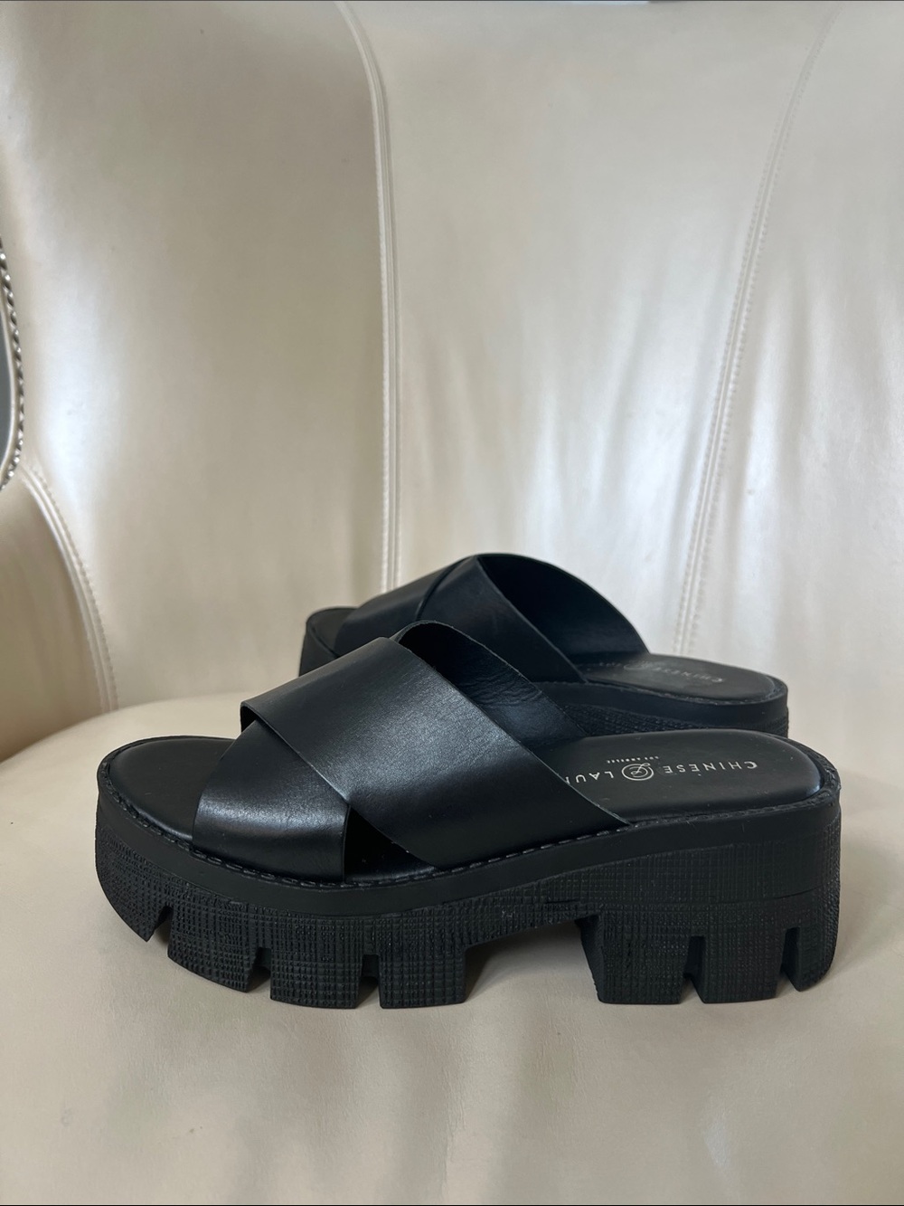 Chinese Laundry Black Chunky Lug Platform Slide Mules
